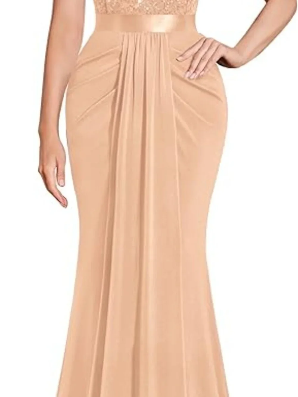 Women's Deep V-Neck Lace Sequin Pleated Evening Formal Dress CHAMPAGNE - Picture 4 of 5